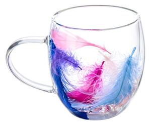 Cană cu inserție de pene mov, roz, albastru și alb, pereți dubli, sticlă borosilicată, 250 ml, Aurora Bloom