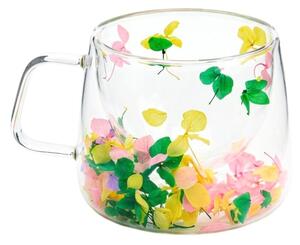 Cană cu inserție de flori uscate, hortensie galben, verde și roz, pereți dubli, sticlă borosilicată, 200 ml, Aurora Bloom