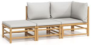 Set mobilier de grădină cu perne gri deschis, 3 piese, bambus