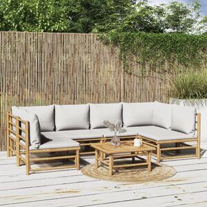 Set mobilier de grădină cu perne gri deschis, 7 piese, bambus
