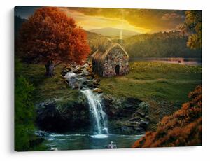 Tablou cu căbănuță în peisaj de poveste (70x50 cm)