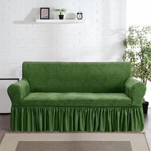 Husa elastica pentru canapea 3 locuri, cu volanas, model Jacquard, Verde in dungi