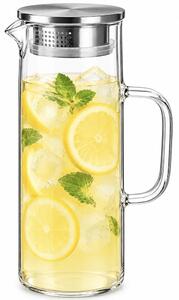 Carafa eleganta din sticla cu maner Pufo Ellegance, capac metalic, pentru apa, limonada, suc natural, ceai rece, bauturi, servire si prezentare la masa, 1.2 L