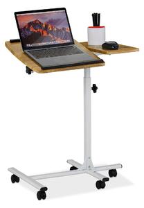 Birou cu roti pentru laptop, picior metalic, blat laptop ajustabil/mobil , blat fix separat pentru accesorii, Lemn, Natur