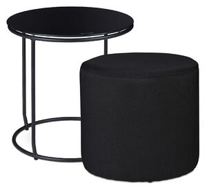 Masuta rotunda pentru cafea cu taburet tapitat inclus, Cadru metal, Blat sticla, Negru, H 40 cm