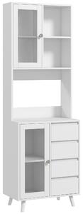 HOMCOM Servantă Înaltă de Bucătărie cu Uși din Sticlă, 2 Rafturi Deschise, 4 Sertare, Rafturi Reglabile, 60x35x180 cm, Alb | Aosom Romania