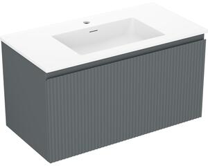 Mexen Rivel, mobilier baie 90 cm cu lavoar Otis, 1 sertar, canelat, grafit mat/alb mat, 91A20-09047-1-BF66-W18M01
