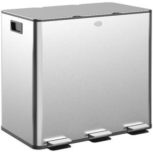 HOMCOM Pubelă de reciclare 45L cu 3 compartimente și închidere silențioasă, din oțel inoxidabil și PP, 61.9x36.6x43.2 cm, argintiu | Aosom Romania