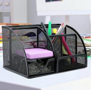 Organizator metalic de birou cu sertar Maaleo - Suport tip mesh cu 6 compartimente, negru