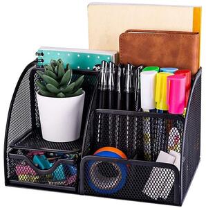 Organizator metalic de birou cu sertar Maaleo - Suport tip mesh cu 6 compartimente, negru