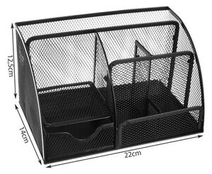Organizator metalic de birou cu sertar Maaleo - Suport tip mesh cu 6 compartimente, negru