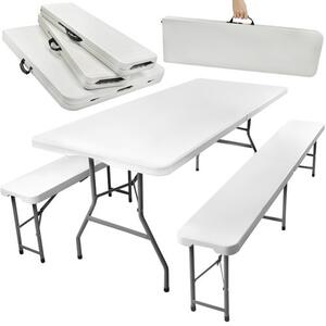 Set de grădină pliabil, masă 180 cm cu 2 bănci – Alb, pentru catering și picnic