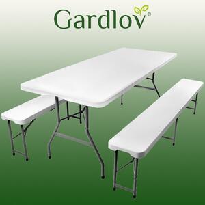 Set de grădină pliabil, masă 180 cm cu 2 bănci – Alb, pentru catering și picnic