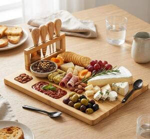 Set platou din bambus pentru servirea brânzeturilor Vilde - include 4 cuțite din inox, design elegant