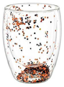 Pahar cu inserție de confetti steluțe gri și auriu, pereți dubli, sticlă borosilicată, 300 ml, Aurora Glow