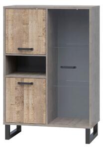 Vitrina BARI, gri/stejar, PAL laminat/sticla/metal, 90x45x134 cm