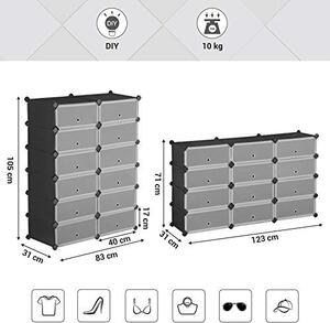 Pantofar set 12 cutii din plastic pentru depozitare, Songmics, Negru, 83x31x105 cm