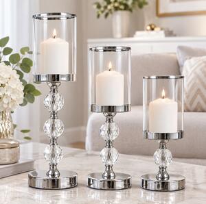 Set de 3 sfeșnice tip felinar pe picior Ruhhy - Argintiu, stil glamour