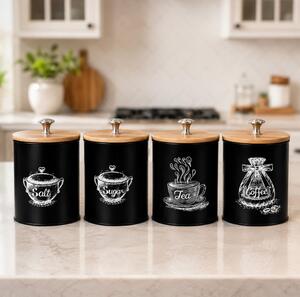 Set 4 recipiente ermetice de bucătărie Ruhhy 1.5L - Negru mat cu capace din bambus