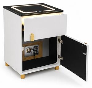 Noptieră inteligentă cu seif ascuns, spațiu depozitare, iluminare LED Touch, luminozitate reglabilă, încărcare fără fir, sticla securizata, Alb