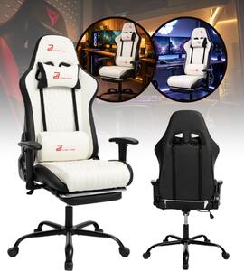 Scaun de gaming ergonomic cu suport pentru picioare și funcție de reclinare - piele ecologică albă