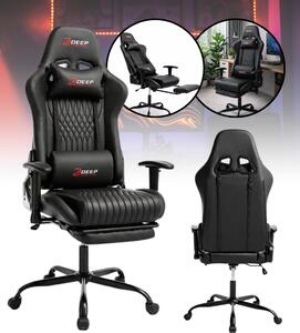 Scaun de gaming ergonomic cu suport pentru picioare și funcție de reclinare - piele ecologică neagră