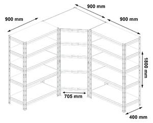 Fistar Sistem de rafturi de colț 180x90x40x70,5 cm, 2x 180x90x40 cm, zincat cu 5 polite, portanta 875 kg