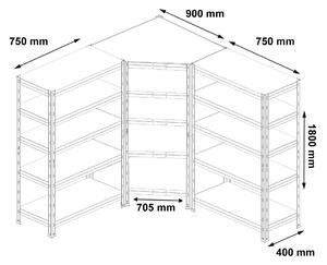 Fistar Sistem de rafturi de colț 180x90x40x70,5 cm, 2x 180x75x40 cm, zincat cu 5 polite, portanta 875 kg