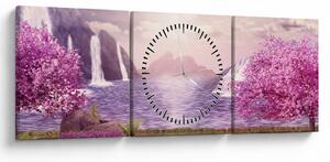 Tablou cu pomi roz cu lac (cu ceas) (90x30 cm)
