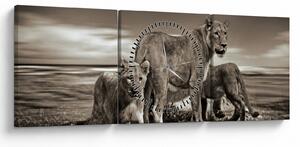 Tablou cu leii alb negri (cu ceas) (90x30 cm)