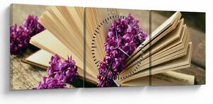 Tablou cu carte și floare violetă (cu ceas) (90x30 cm)
