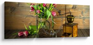 Tablou - lalele, râșniță și cafea (cu ceas) (90x30 cm)