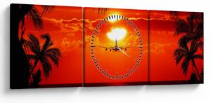 Tablou - apus de soare cu avion (cu ceas) (90x30 cm)