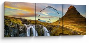 Tablou cu munții și cascade pe Islanda (cu ceas) (90x30 cm)