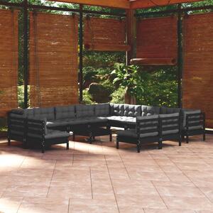 Set mobilier grădină cu perne, 14 piese, negru, lemn masiv pin