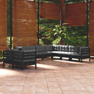 Set mobilier grădină cu perne, 9 piese, negru, lemn masiv pin