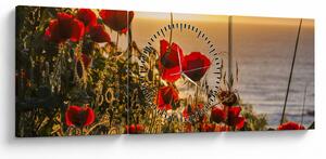 Tablou cu apus de soare cu flori de maci (cu ceas) (90x30 cm)