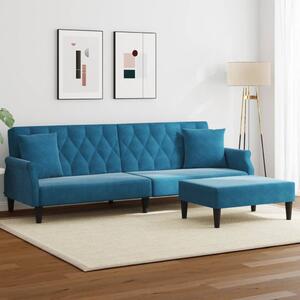 Canapea extensibilă 2 locuri/perne/taburet albastru catifea