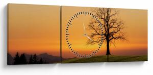 Tablou cu apus de soare pe o luncă (cu ceas) (90x30 cm)