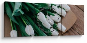 Tablou cu buchet de lalele albe (cu ceas) (90x30 cm)