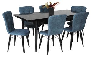 Set masă extensibilă Aris Negru Marmorat cu 6 scaune Artur Bleu Picior Negru