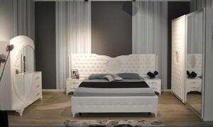 Dormitor Antalia, alb & argintiu, pat 267x210 cm, dulap cu 2 usi culisante, 2 noptiere, comoda, somiera cadou