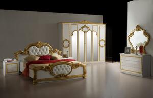 Dormitor Barocco Bianco, alb & auriu, pat 160x200 cm, dulap cu 6 usi, comoda, 2 noptiere, somiera cadou