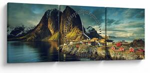 Tablou cu sat de pescari din Norvegia (cu ceas) (90x30 cm)