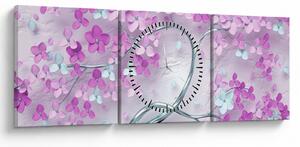 Tablouri cu flori pe trunchi argintiu - abstract (cu ceas) (90x30 cm)