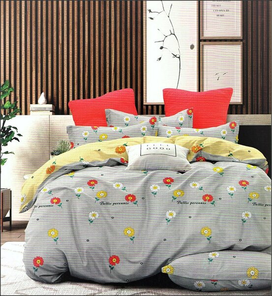 Lenjerie de pat pentru o persoana cu husa elastic pat si fata perna dreptunghiulara, Dael, bumbac mercerizat, multicolor