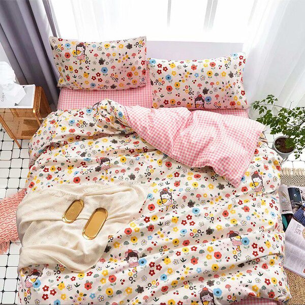 Lenjerie de pat pentru o persoana cu husa elastic pat si fata perna dreptunghiulara, Adalia, bumbac mercerizat, multicolor