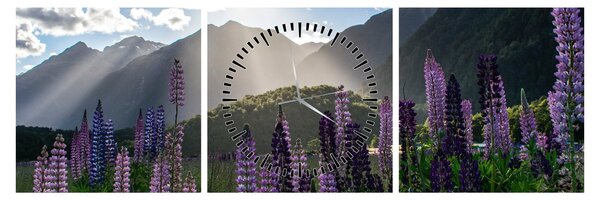 Tablou - scenariu cu flori de Lupin (cu ceas) (90x30 cm)