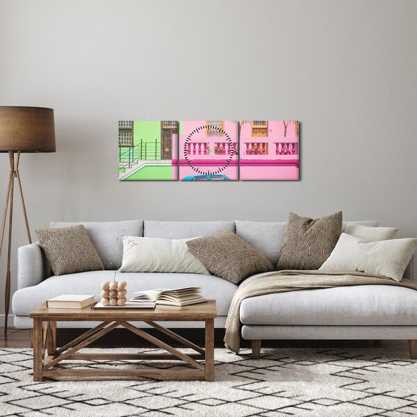Tablou cu mașina - casele colorate (cu ceas) (90x30 cm)