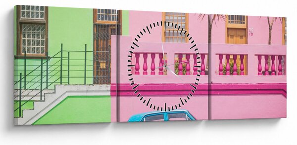 Tablou cu mașina - casele colorate (cu ceas) (90x30 cm)